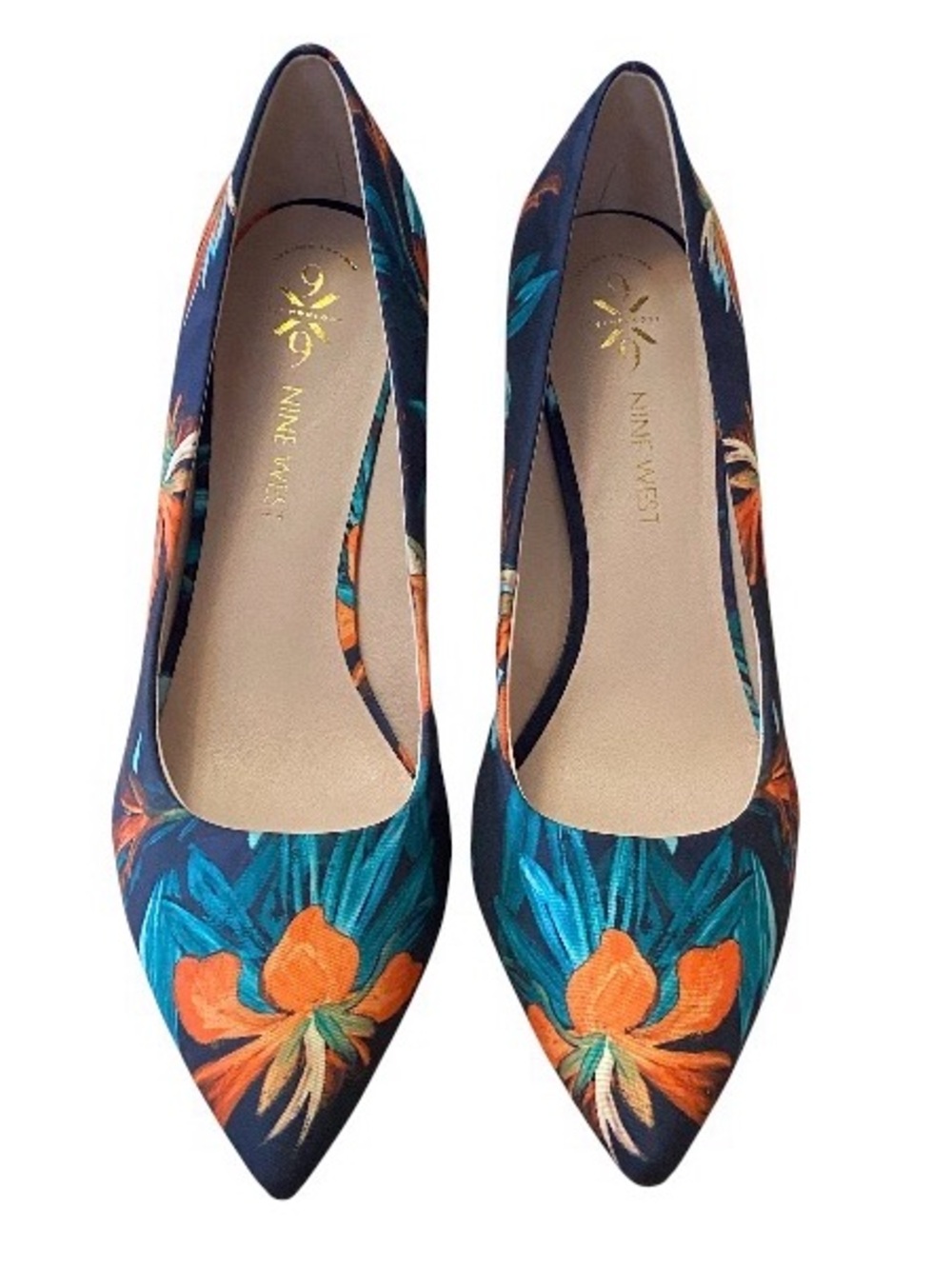 Nine West Tatiana Tropical Floral Blue Orange Fabric Pointed Toe Heels 10M